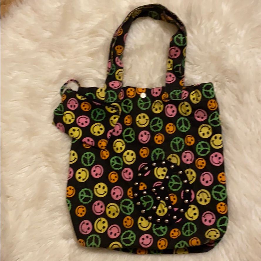Vintage Black Tote With Neon Smile  Peace Icons